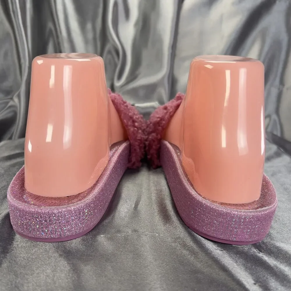 Steve Madden Girls‎ Size 4 Slides Pink Fuzzy Sandals Glitter Sparkles Hearts